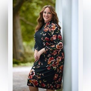 Laura Plus Floral Placement Mock Neck Dress Long sleeve